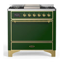 ILVE Majestic III 36-inch Dual Fuel Range with 6 Natural Gas Burner, Griddle and Solid Door Electric Oven in Emerald Green with Brass Trim (UM36FQNR3EGG)