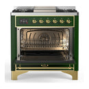 ILVE Majestic III 36-inch Dual Fuel Range with 6 Natural Gas Burner, Griddle and Solid Door Electric Oven in Emerald Green with Brass Trim (UM36FQNR3EGG)