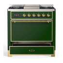 ILVE Majestic III 36-inch Dual Fuel Range with 6 Natural Gas Burner, Griddle and Solid Door Electric Oven in Emerald Green with Brass Trim (UM36FQNR3EGG)