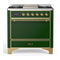ILVE Majestic III 36-inch Dual Fuel Range with 6 Natural Gas Burner, Griddle and Solid Door Electric Oven in Emerald Green with Brass Trim (UM36FQNR3EGG)