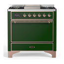ILVE Majestic III 36-inch Dual Fuel Range with 5 Liquid Propane Burner, Griddle and Solid Door Electric Oven in Emerald Green with Copper Trim (UM36FQNR3EGPLP)