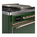 ILVE Majestic III 36-inch Dual Fuel Range with 5 Liquid Propane Burner, Griddle and Solid Door Electric Oven in Emerald Green with Copper Trim (UM36FQNR3EGPLP)