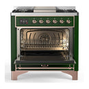 ILVE Majestic III 36-inch Dual Fuel Range with 5 Liquid Propane Burner, Griddle and Solid Door Electric Oven in Emerald Green with Copper Trim (UM36FQNR3EGPLP)