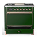 ILVE Majestic III 36-inch Dual Fuel Range with 5 Liquid Propane Burner, Griddle and Solid Door Electric Oven in Emerald Green with Copper Trim (UM36FQNR3EGPLP)