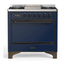 ILVE Majestic III 36-inch Dual Fuel Range with 6 Natural Gas Burner, Griddle and Solid Door Electric Oven in Midnight Blue with Burnished Trim (UM36FQNR3MBB)