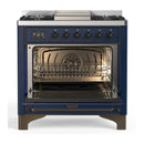 ILVE Majestic III 36-inch Dual Fuel Range with 5 Liquid Propane Burner, Griddle and Solid Door Electric Oven in Midnight Blue with Burnished Trim (UM36FQNR3MBBLP)