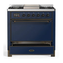 ILVE Majestic III 36-inch Dual Fuel Range with 6 Natural Gas Burner, Griddle and Solid Door Electric Oven in Midnight Blue with Burnished Trim (UM36FQNR3MBB)
