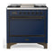 ILVE Majestic III 36-inch Dual Fuel Range with 6 Natural Gas Burner, Griddle and Solid Door Electric Oven in Midnight Blue with Burnished Trim (UM36FQNR3MBB)