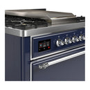 ILVE Majestic III 36-inch Dual Fuel Range with 5 Liquid Propane Burner, Griddle and Solid Door Electric Oven in Midnight Blue with Chrome Trim (UM36FQNR3MBCLP)