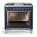 ILVE Majestic III 36-inch Dual Fuel Range with 5 Liquid Propane Burner, Griddle and Solid Door Electric Oven in Midnight Blue with Chrome Trim (UM36FQNR3MBCLP)