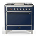 ILVE Majestic III 36-inch Dual Fuel Range with 5 Liquid Propane Burner, Griddle and Solid Door Electric Oven in Midnight Blue with Chrome Trim (UM36FQNR3MBCLP)