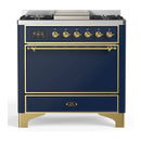 ILVE Majestic III 36-inch Dual Fuel Range with 6 Natural Gas Burner, Griddle and Solid Door Electric Oven in Blue Grey with Brass Trim (UM36FQNR3MBG)