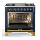 ILVE Majestic III 36-inch Dual Fuel Range with 6 Natural Gas Burner, Griddle and Solid Door Electric Oven in Blue Grey with Brass Trim (UM36FQNR3MBG)