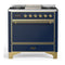 ILVE Majestic III 36-inch Dual Fuel Range with 6 Natural Gas Burner, Griddle and Solid Door Electric Oven in Blue Grey with Brass Trim (UM36FQNR3MBG)