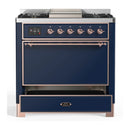 ILVE Majestic III 36-inch Dual Fuel Range with 6 Natural Gas Burner, Griddle and Solid Door Electric Oven in Midnight Blue with Copper Trim (UM36FQNR3MBP)