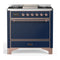 ILVE Majestic III 36-inch Dual Fuel Range with 6 Natural Gas Burner, Griddle and Solid Door Electric Oven in Midnight Blue with Copper Trim (UM36FQNR3MBP)