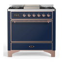 ILVE Majestic III 36-inch Dual Fuel Range with 5 Liquid Propane Burner, Griddle and Solid Door Electric Oven in Midnight Blue with Copper Trim (UM36FQNR3MBPLP)