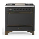 ILVE Majestic III 36-inch Dual Fuel Range with 6 Natural Gas Burner, Griddle and Solid Door Electric Oven in Graphite Matte with Burnished Trim (UM36FQNR3MGB)