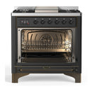 ILVE Majestic III 36-inch Dual Fuel Range with 6 Natural Gas Burner, Griddle and Solid Door Electric Oven in Graphite Matte with Burnished Trim (UM36FQNR3MGB)