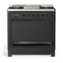ILVE Majestic III 36-inch Dual Fuel Range with 5 Liquid Propane Burner, Griddle and Solid Door Electric Oven in Graphite Matte with Burnished Trim (UM36FQNR3MGBLP)