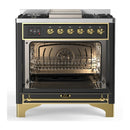 ILVE Majestic III 36-inch Dual Fuel Range with 5 Liquid Propane Burner, Griddle and Solid Door Electric Oven in Graphite Matte with Brass Trim (UM36FQNR3MGGLP)