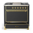 ILVE Majestic III 36-inch Dual Fuel Range with 6 Natural Gas Burner, Griddle and Solid Door Electric Oven in Graphite Matte with Brass Trim (UM36FQNR3MGG)