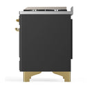 ILVE Majestic III 36-inch Dual Fuel Range with 5 Liquid Propane Burner, Griddle and Solid Door Electric Oven in Graphite Matte with Brass Trim (UM36FQNR3MGGLP)