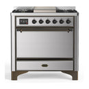 ILVE Majestic III 36-inch Dual Fuel Range with 6 Natural Gas Burner, Griddle and Solid Door Electric Oven in Stainless Steel with Burnished Trim (UM36FQNR3SSB)