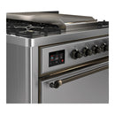 ILVE Majestic III 36-inch Dual Fuel Range with 6 Natural Gas Burner, Griddle and Solid Door Electric Oven in Stainless Steel with Burnished Trim (UM36FQNR3SSB)
