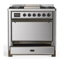 ILVE Majestic III 36-inch Dual Fuel Range with 6 Natural Gas Burner, Griddle and Solid Door Electric Oven in Stainless Steel with Burnished Trim (UM36FQNR3SSB)