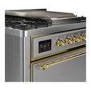 ILVE Majestic III 36-inch Dual Fuel Range with 6 Natural Gas Burner, Griddle and Solid Door Electric Oven in Stainless Steel with Brass Trim (UM36FQNR3SSG)