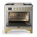 ILVE Majestic III 36-inch Dual Fuel Range with 5 Liquid Propane Burner, Griddle and Solid Door Electric Oven in Stainless Steel with Brass Trim (UM36FQNR3SSGLP)