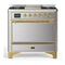 ILVE Majestic III 36-inch Dual Fuel Range with 6 Natural Gas Burner, Griddle and Solid Door Electric Oven in Stainless Steel with Brass Trim (UM36FQNR3SSG)