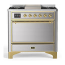 ILVE Majestic III 36-inch Dual Fuel Range with 5 Liquid Propane Burner, Griddle and Solid Door Electric Oven in Stainless Steel with Brass Trim (UM36FQNR3SSGLP)
