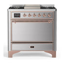 ILVE Majestic III 36-inch Dual Fuel Range with 6 Natural Gas Burner, Griddle and Solid Door Electric Oven in Stainless Steel with Copper Trim (UM36FQNR3SSP)