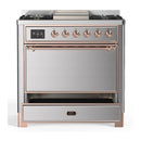 ILVE Majestic III 36-inch Dual Fuel Range with 6 Natural Gas Burner, Griddle and Solid Door Electric Oven in Stainless Steel with Copper Trim (UM36FQNR3SSP)