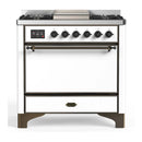 ILVE Majestic III 36-inch Dual Fuel Range with 6 Natural Gas Burner, Griddle and Solid Door Electric Oven in White with Burnished Trim (UM36FQNR3WHB)