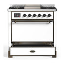 ILVE Majestic III 36-inch Dual Fuel Range with 6 Natural Gas Burner, Griddle and Solid Door Electric Oven in White with Burnished Trim (UM36FQNR3WHB)