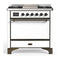 ILVE Majestic III 36-inch Dual Fuel Range with 6 Natural Gas Burner, Griddle and Solid Door Electric Oven in White with Burnished Trim (UM36FQNR3WHB)