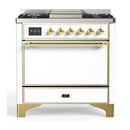 ILVE Majestic III 36-inch Dual Fuel Range with 6 Natural Gas Burner, Griddle and Solid Door Electric Oven in White with Brass Trim (UM36FQNR3WHG)