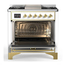 ILVE Majestic III 36-inch Dual Fuel Range with 6 Natural Gas Burner, Griddle and Solid Door Electric Oven in White with Brass Trim (UM36FQNR3WHG)