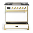 ILVE Majestic III 36-inch Dual Fuel Range with 5 Liquid Propane Burner, Griddle and Solid Door Electric Oven in White with Brass Trim (UM36FQNR3WHGLP)
