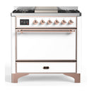 ILVE Majestic III 36-inch Dual Fuel Range with 6 Natural Gas Burner, Griddle and Solid Door Electric Oven in White with Copper Trim (UM36FQNR3WHP)