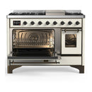 ILVE Majestic III 48-inch Dual Fuel Range with 5 Natural Gas Burner, Griddle and Triple Glass Door Electric Oven in Antique White with Burnished Trim (UM48FNR3AWB)