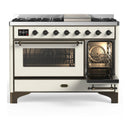 ILVE Majestic III 48-inch Dual Fuel Range with 5 Natural Gas Burner, Griddle and Triple Glass Door Electric Oven in Antique White with Burnished Trim (UM48FNR3AWB)