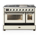 ILVE Majestic III 48-inch Dual Fuel Range with 5 Liquid Propane Burner, Griddle and Triple Glass Door Electric Oven in Antique White with Burnished Trim (UM48FNR3AWBLP)