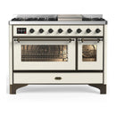 ILVE Majestic III 48-inch Dual Fuel Range with 5 Liquid Propane Burner, Griddle and Triple Glass Door Electric Oven in Antique White with Burnished Trim (UM48FNR3AWBLP)