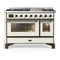 ILVE Majestic III 48-inch Dual Fuel Range with 5 Liquid Propane Burner, Griddle and Triple Glass Door Electric Oven in Antique White with Burnished Trim (UM48FNR3AWBLP)