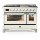 ILVE Majestic III 48-inch Dual Fuel Range with 5 Natural Gas Burner, Griddle and Triple Glass Door Electric Oven in Antique White with Chrome Trim (UM48FNR3AWC)