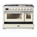 ILVE Majestic III 48-inch Dual Fuel Range with 5 Liquid Propane Burner, Griddle and Triple Glass Door Electric Oven in Antique White with Chrome Trim (UM48FNR3AWCLP)